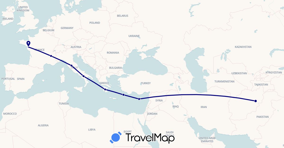 TravelMap itinerary: driving in Afghanistan, Cyprus, France, Greece, Italy (Asia, Europe)
